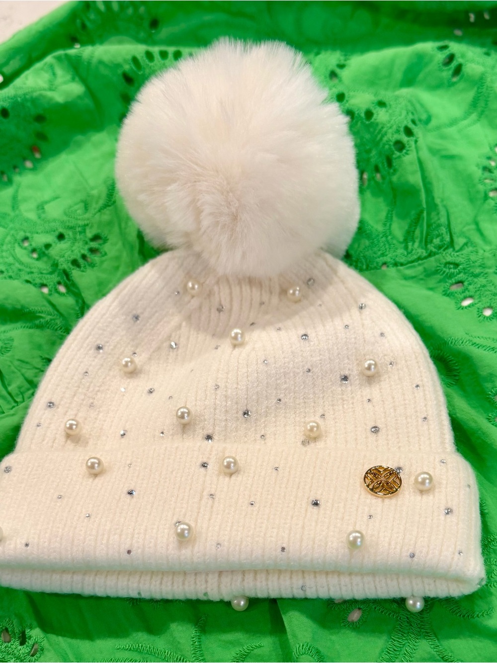 NWT LILY PULITZER POM POM BEANIE WITH PEARLS AND CRYSTALS